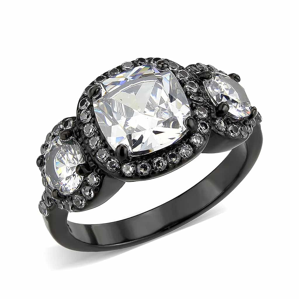 Stainless Steel Dark IP CZ Cushion Halo Three Stone Cocktail Ring view 2