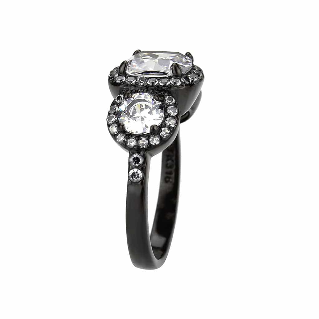 Stainless Steel Dark IP CZ Cushion Halo Three Stone Cocktail Ring view 8