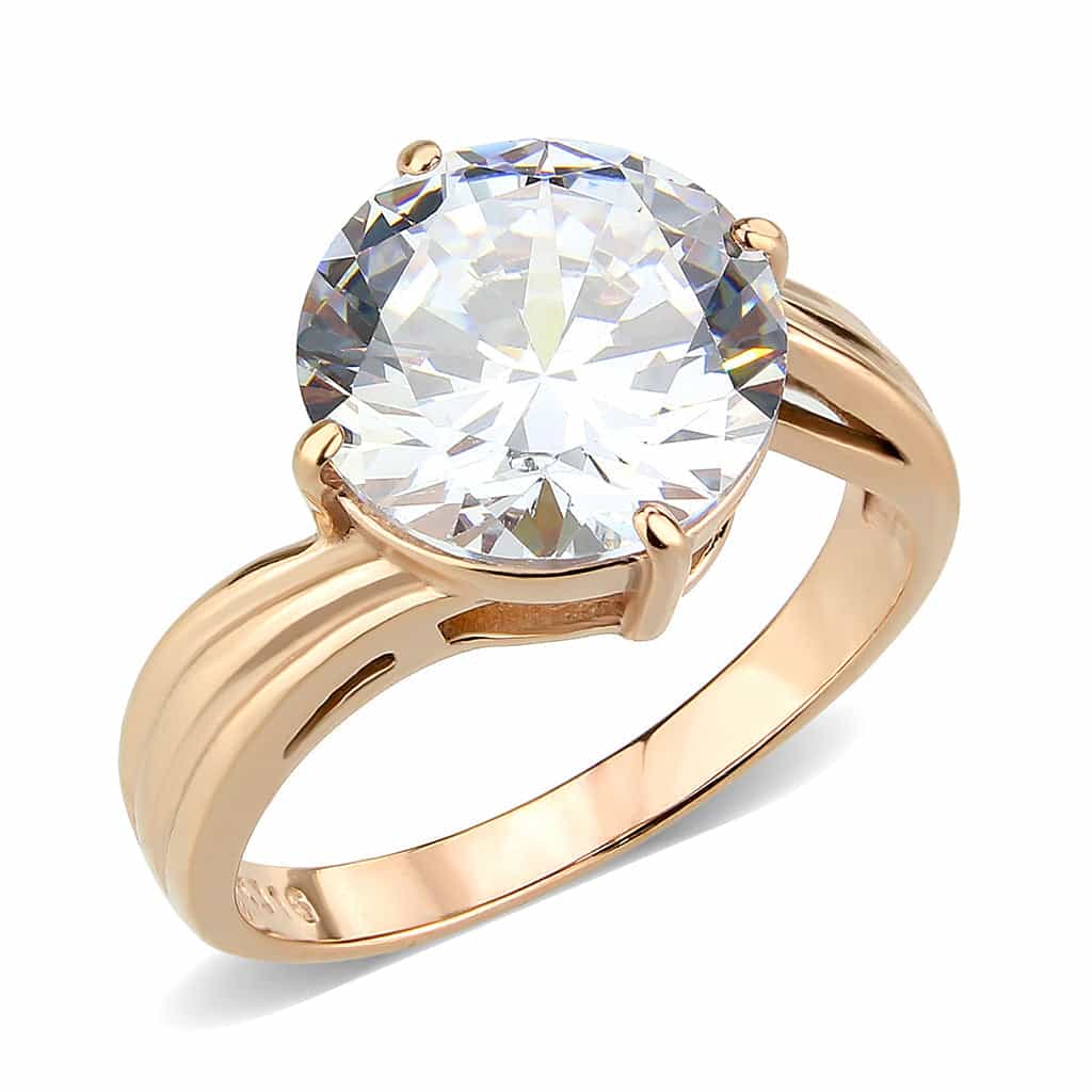 Stainless Steel Rose Gold IP CZ Round Cathedral Solitaire Ring view 2