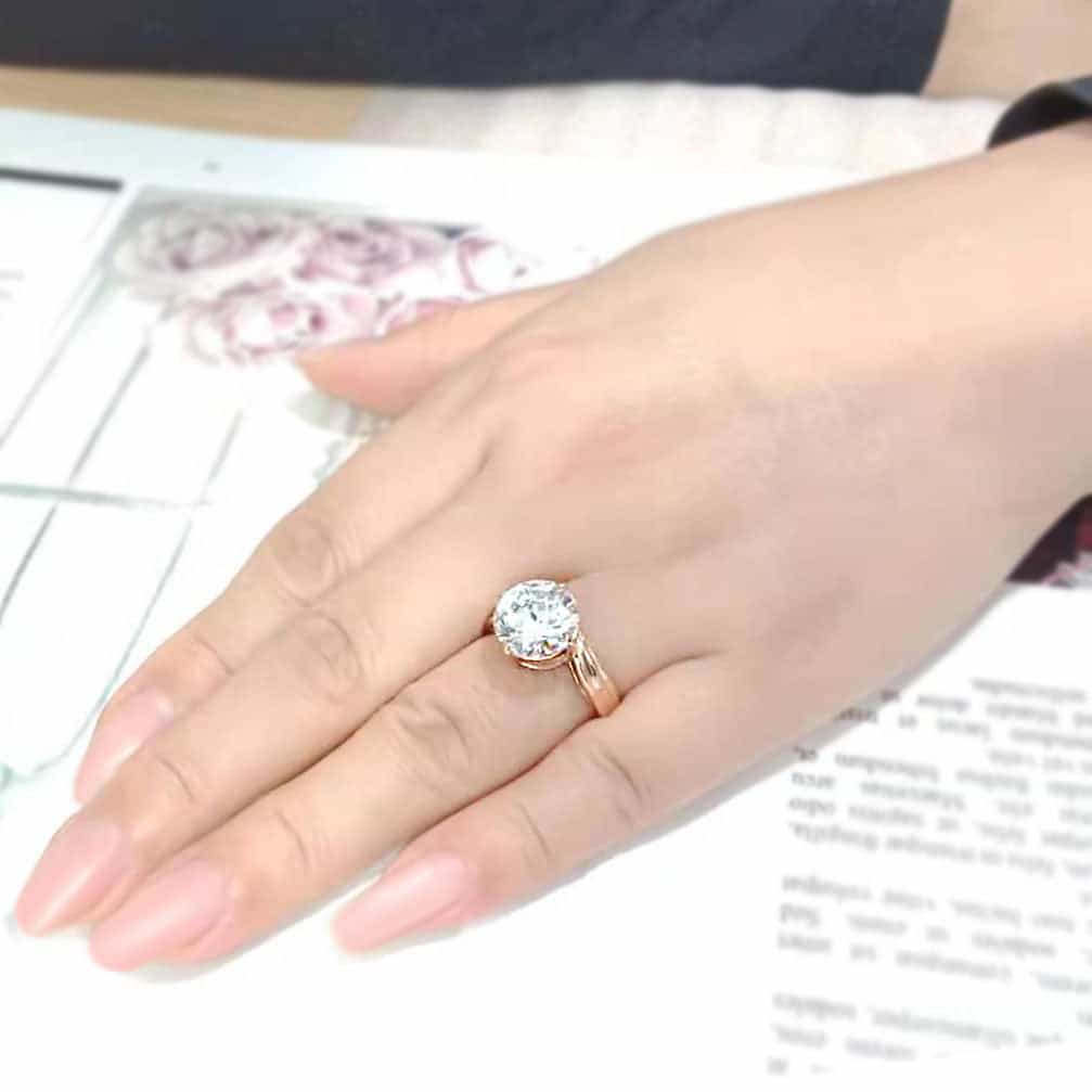 Stainless Steel Rose Gold IP CZ Round Cathedral Solitaire Ring view 10