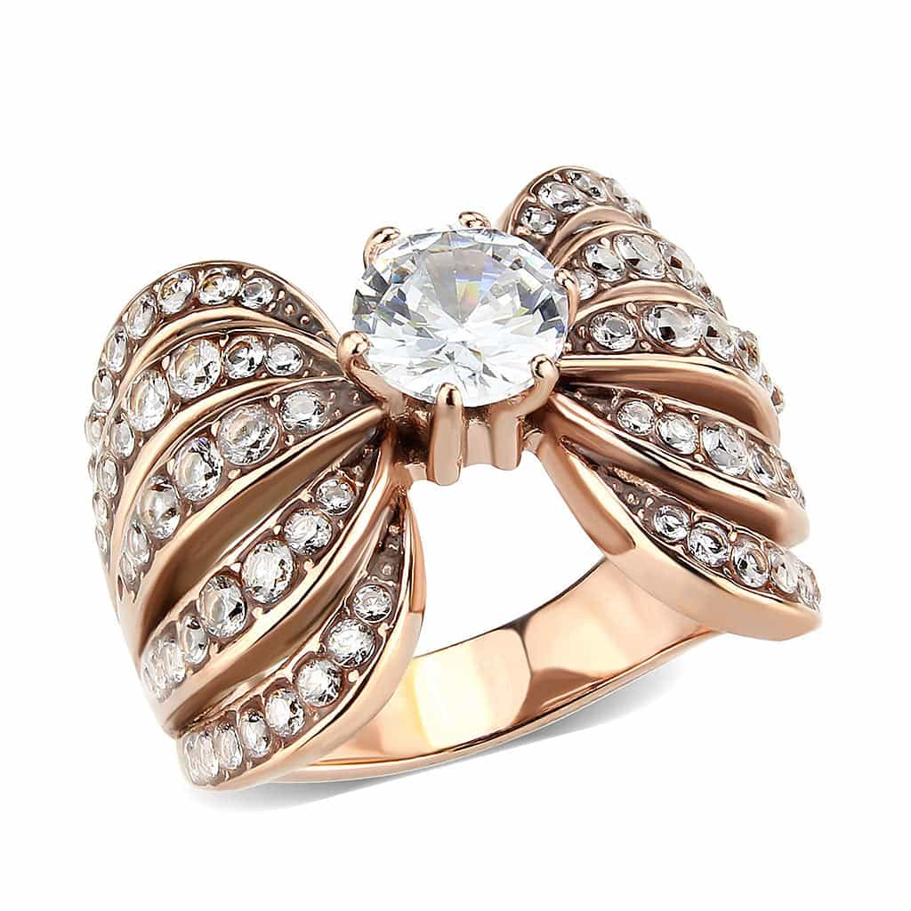 Stainless Steel Rose Gold IP CZ Round Pave Leaf Fan Cocktail Ring view 2