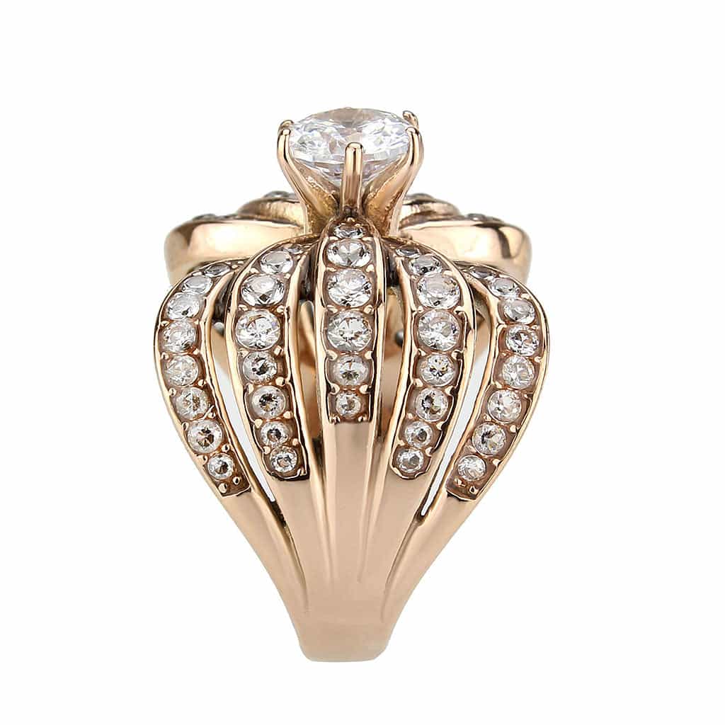 Stainless Steel Rose Gold IP CZ Round Pave Leaf Fan Cocktail Ring view 8