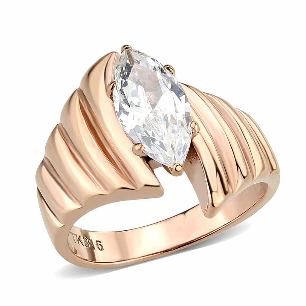Stainless Steel Rose Gold IP CZ Pear Marquise Wing Cocktail Ring view 2