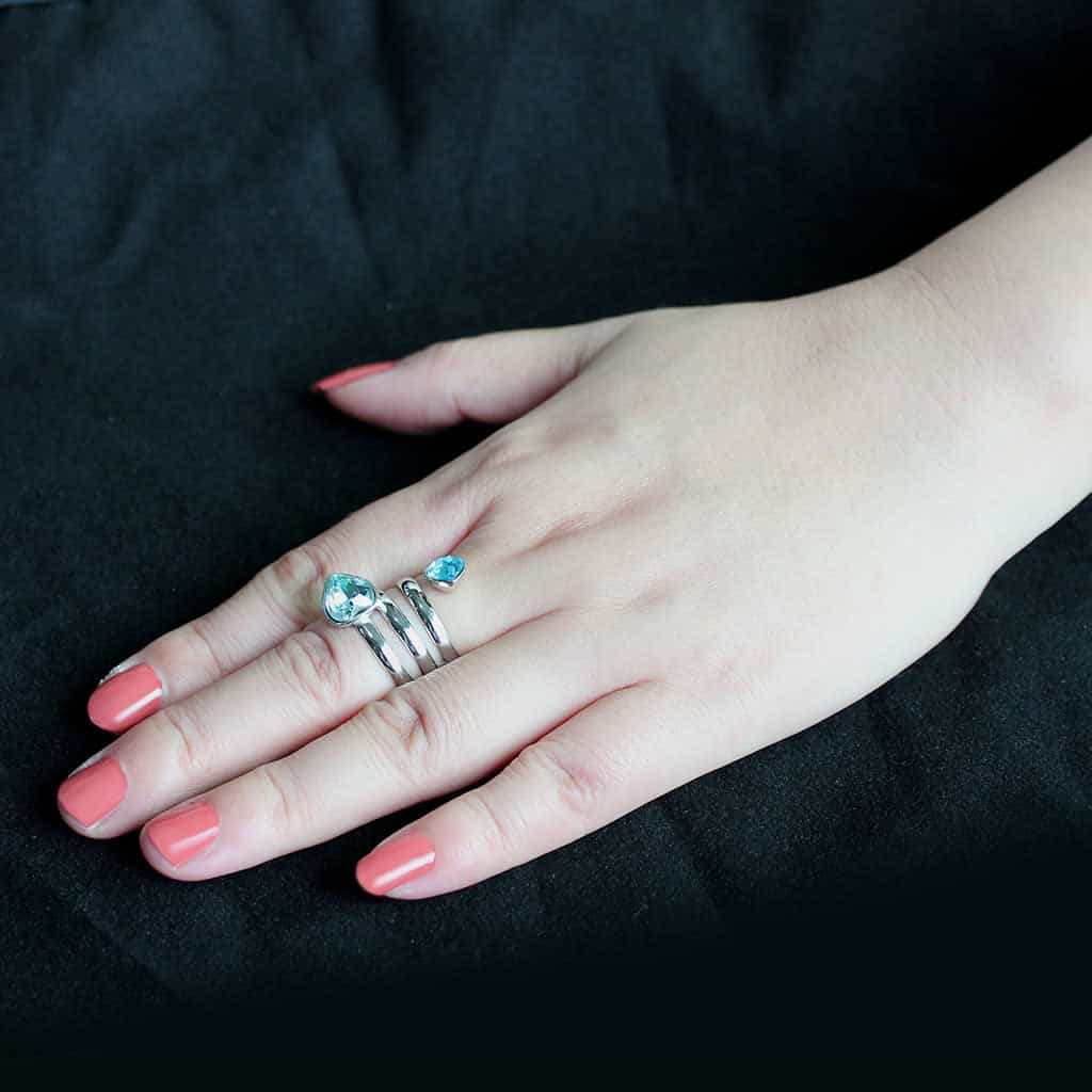 Stainless Steel Aquamarine Crystal Pear Double Spiral Ring view 10