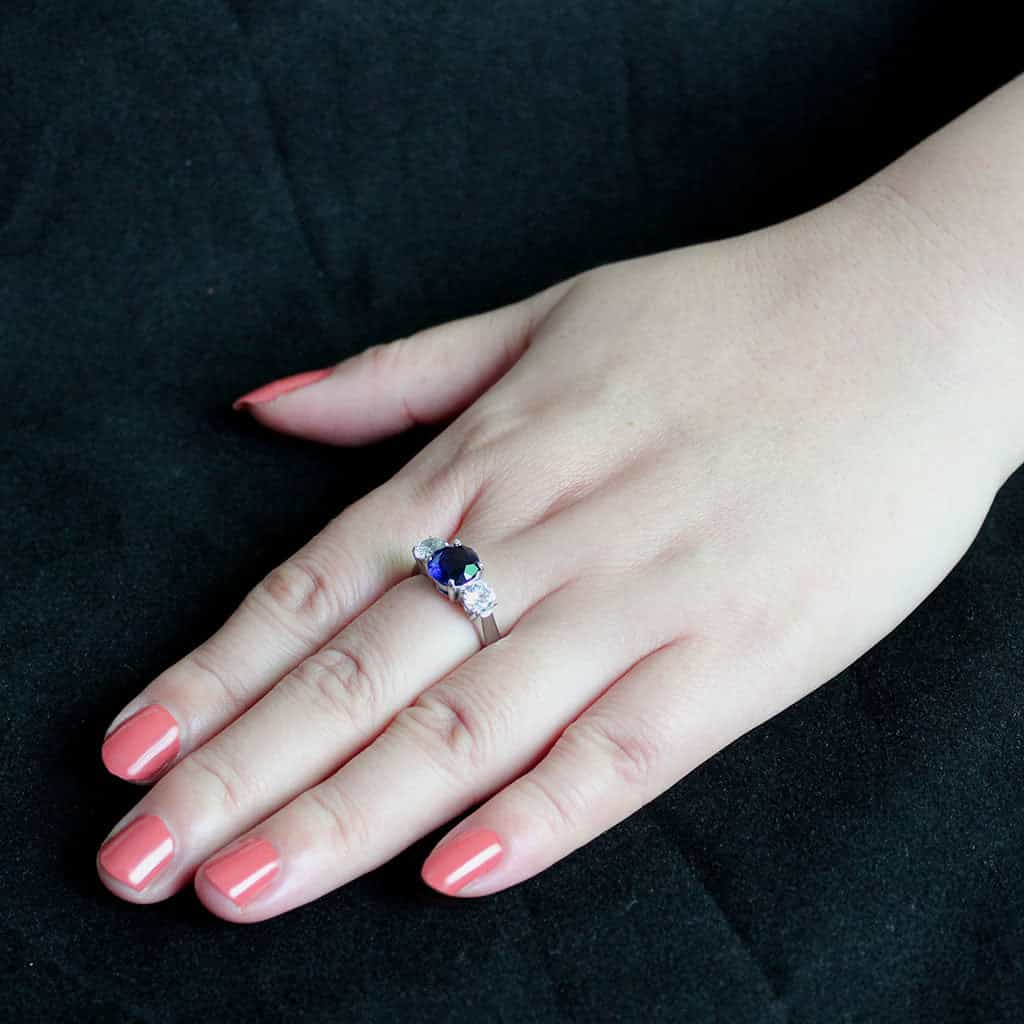 Stainless Steel Silver Blue Sapphire CZ Round Three Stone Ring view 8