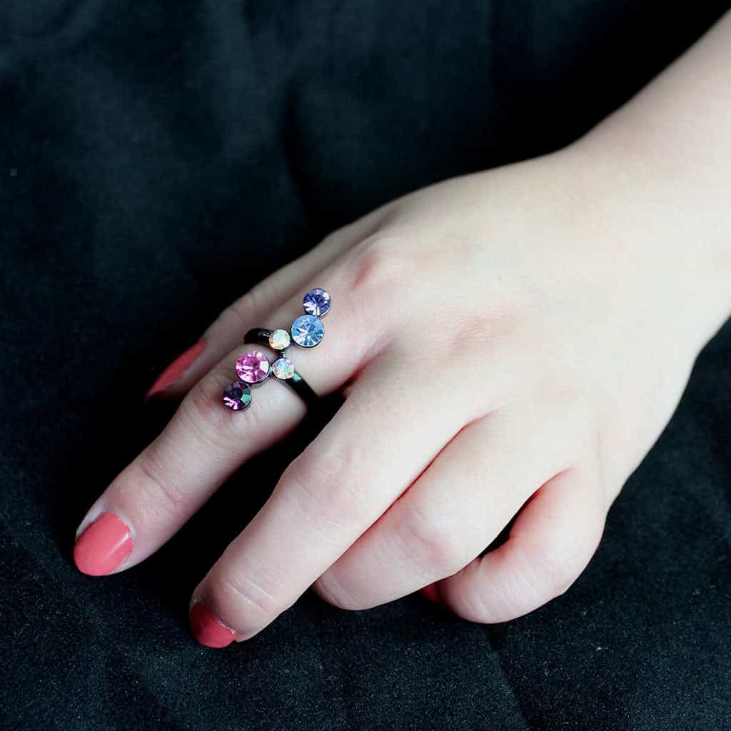 Stainless Steel Dark IP Multicolor Crystal Round Four Stone Ring view 10