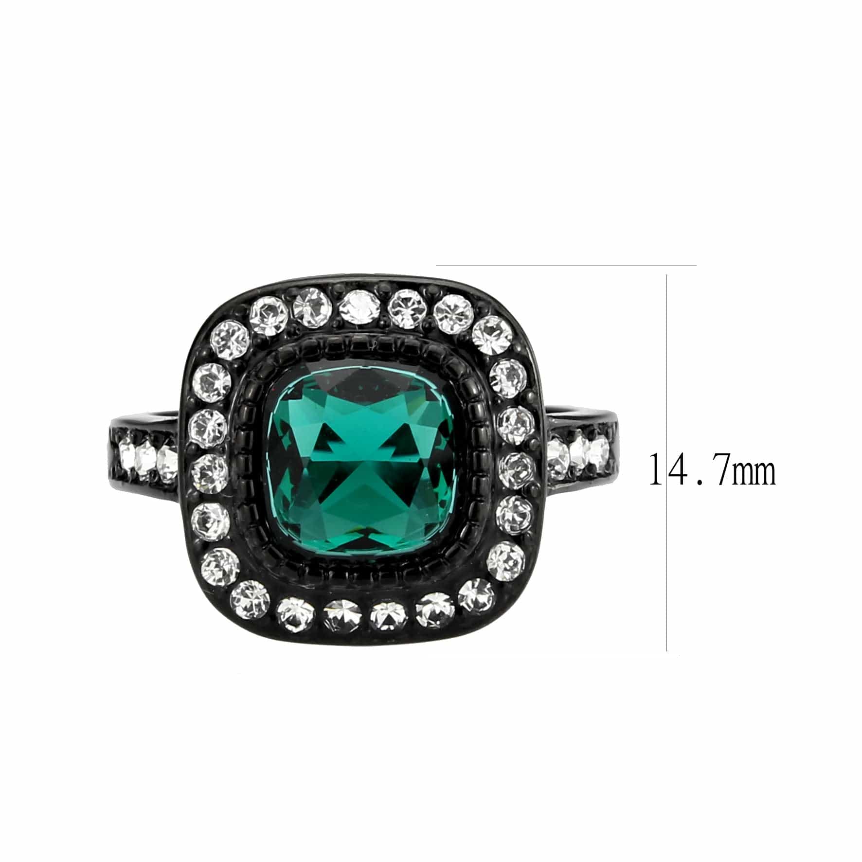 Stainless Steel Dark IP Emerald Green CZ Cushion Halo Ring view 4