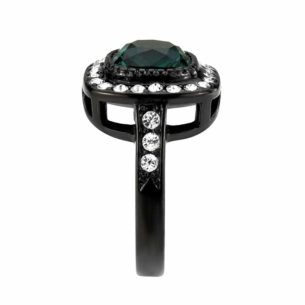 Stainless Steel Dark IP Emerald Green CZ Cushion Halo Ring view 8