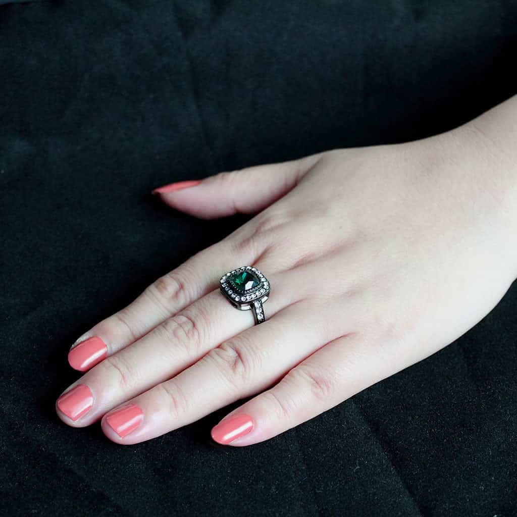 Stainless Steel Dark IP Emerald Green CZ Cushion Halo Ring view 10