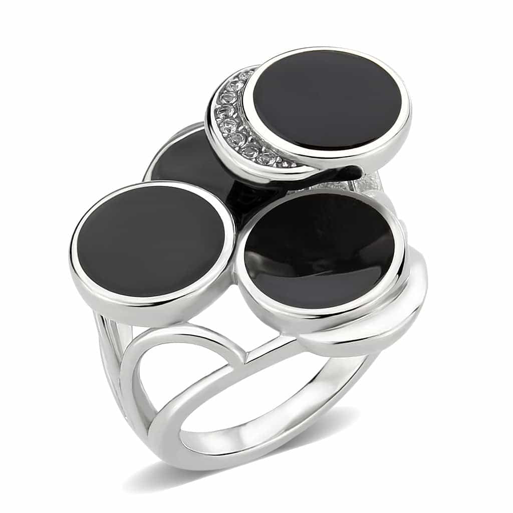 Stainless Steel Silver Black Onyx Round Double Bezel Open Ring view 2
