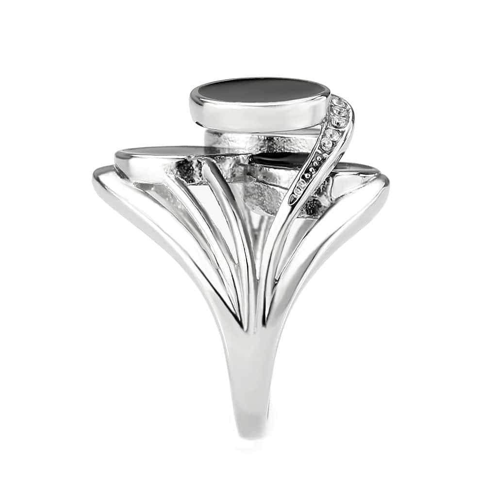 Stainless Steel Silver Black Onyx Round Double Bezel Open Ring view 10