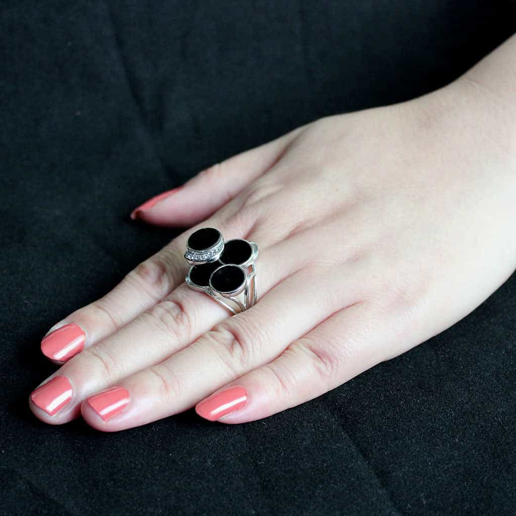 Stainless Steel Silver Black Onyx Round Double Bezel Open Ring view 14