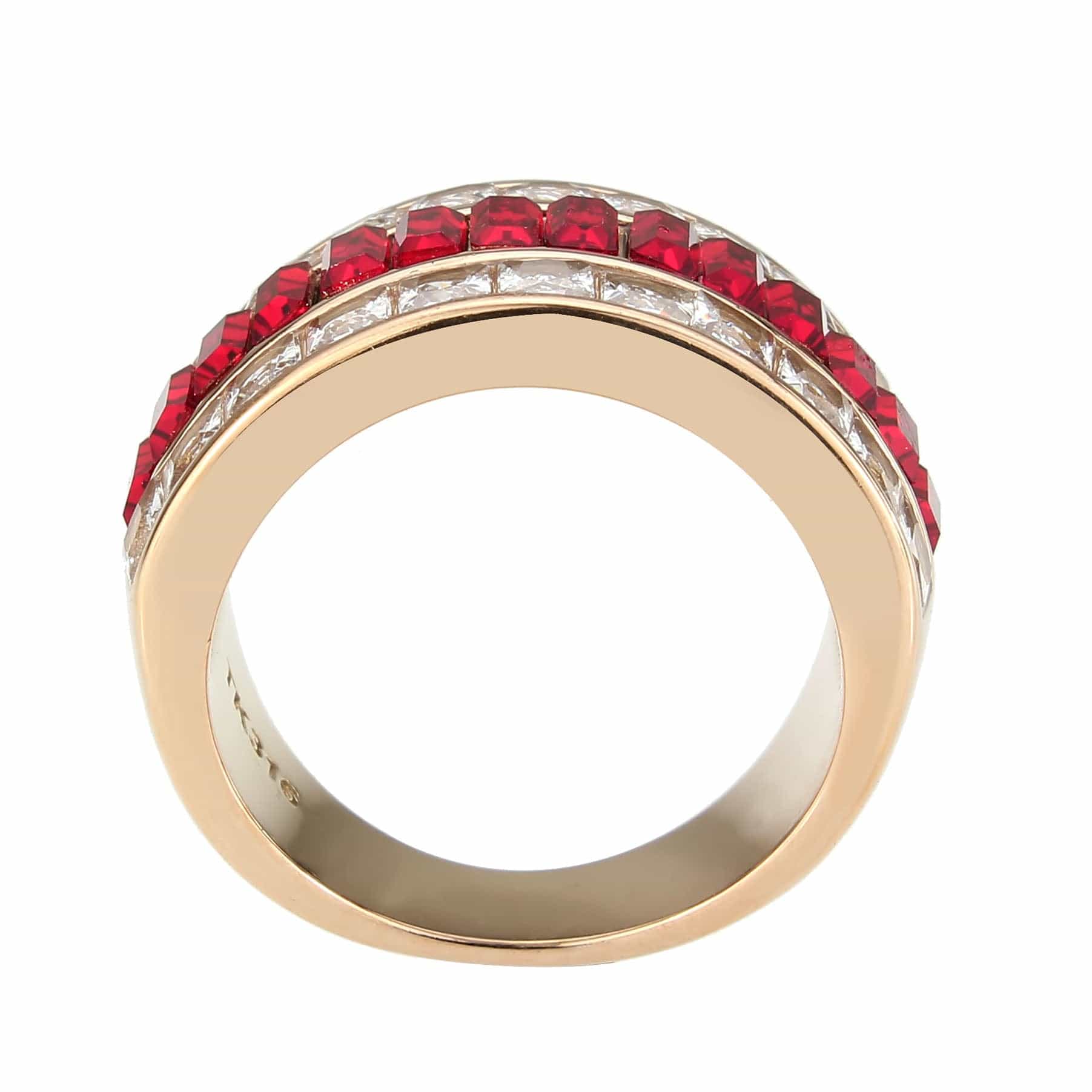 Stainless Steel Rose Gold IP Red Crystal Princess CZ Channel Ring view 6