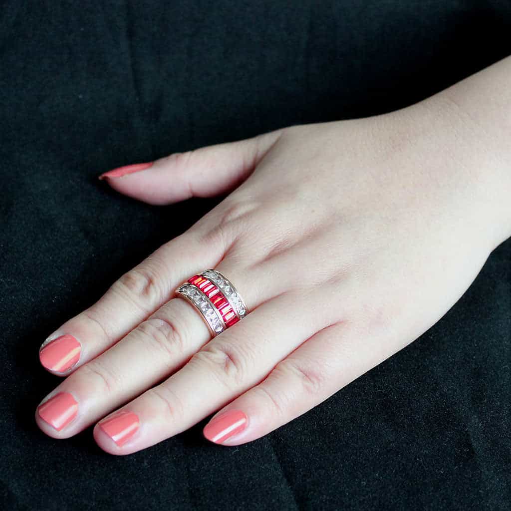 Stainless Steel Rose Gold IP Red Crystal Princess CZ Channel Ring view 10