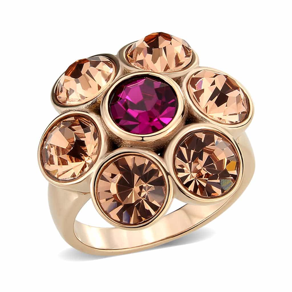 Stainless Steel Rose Gold IP Champagne Fuchsia Crystal Ring view 2