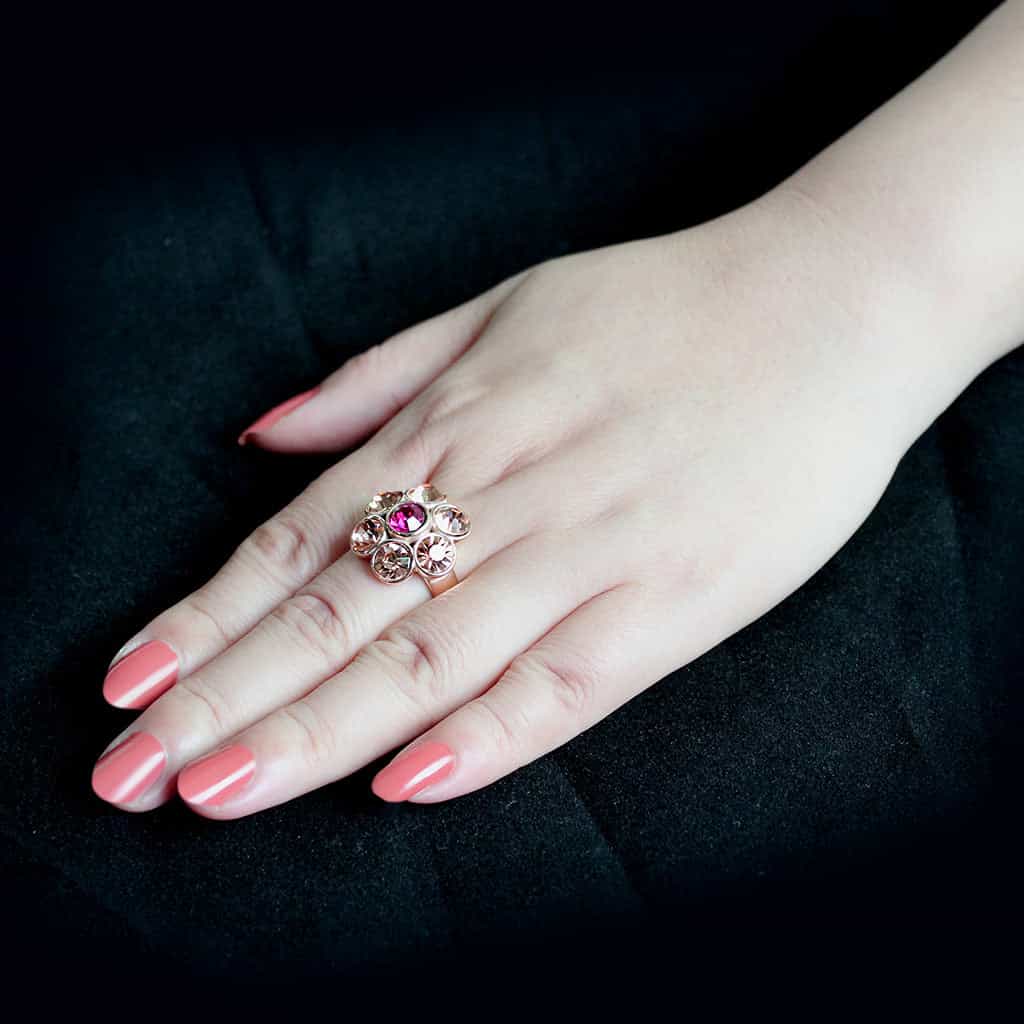 Stainless Steel Rose Gold IP Champagne Fuchsia Crystal Ring view 10