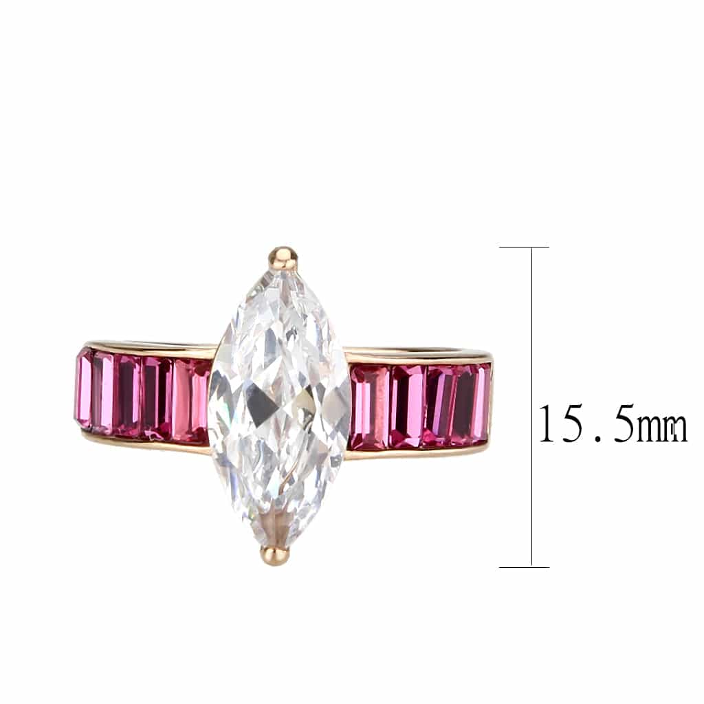 Stainless Steel Rose Gold IP CZ Marquise Pink Baguette Ring view 4