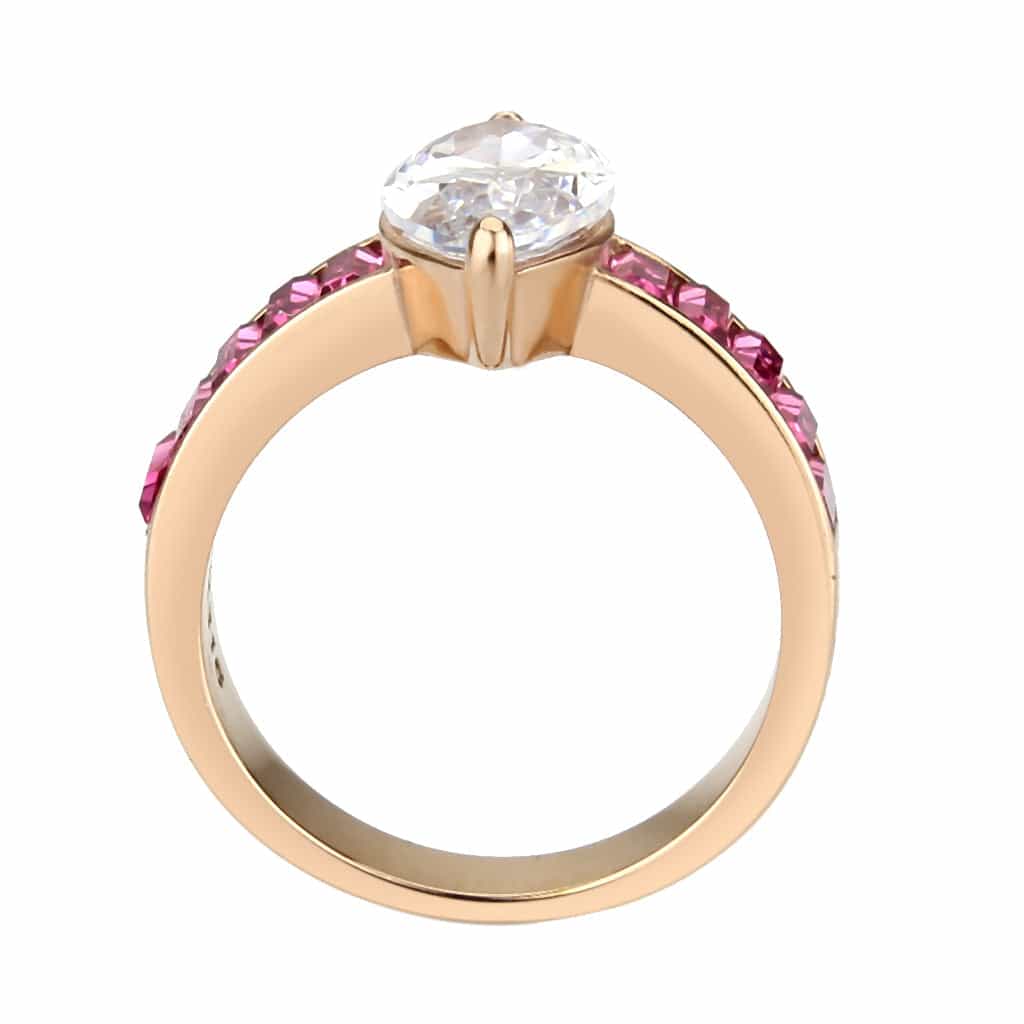 Stainless Steel Rose Gold IP CZ Marquise Pink Baguette Ring view 6