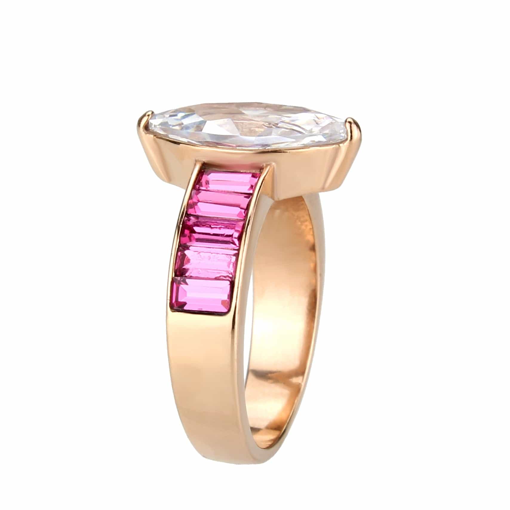 Stainless Steel Rose Gold IP CZ Marquise Pink Baguette Ring view 8