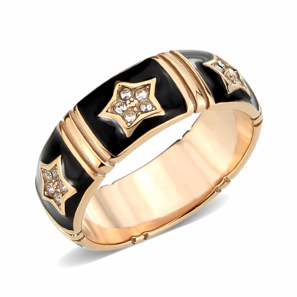 Stainless Steel Rose Gold IP Black Enamel CZ Star Motif Band Ring view 2