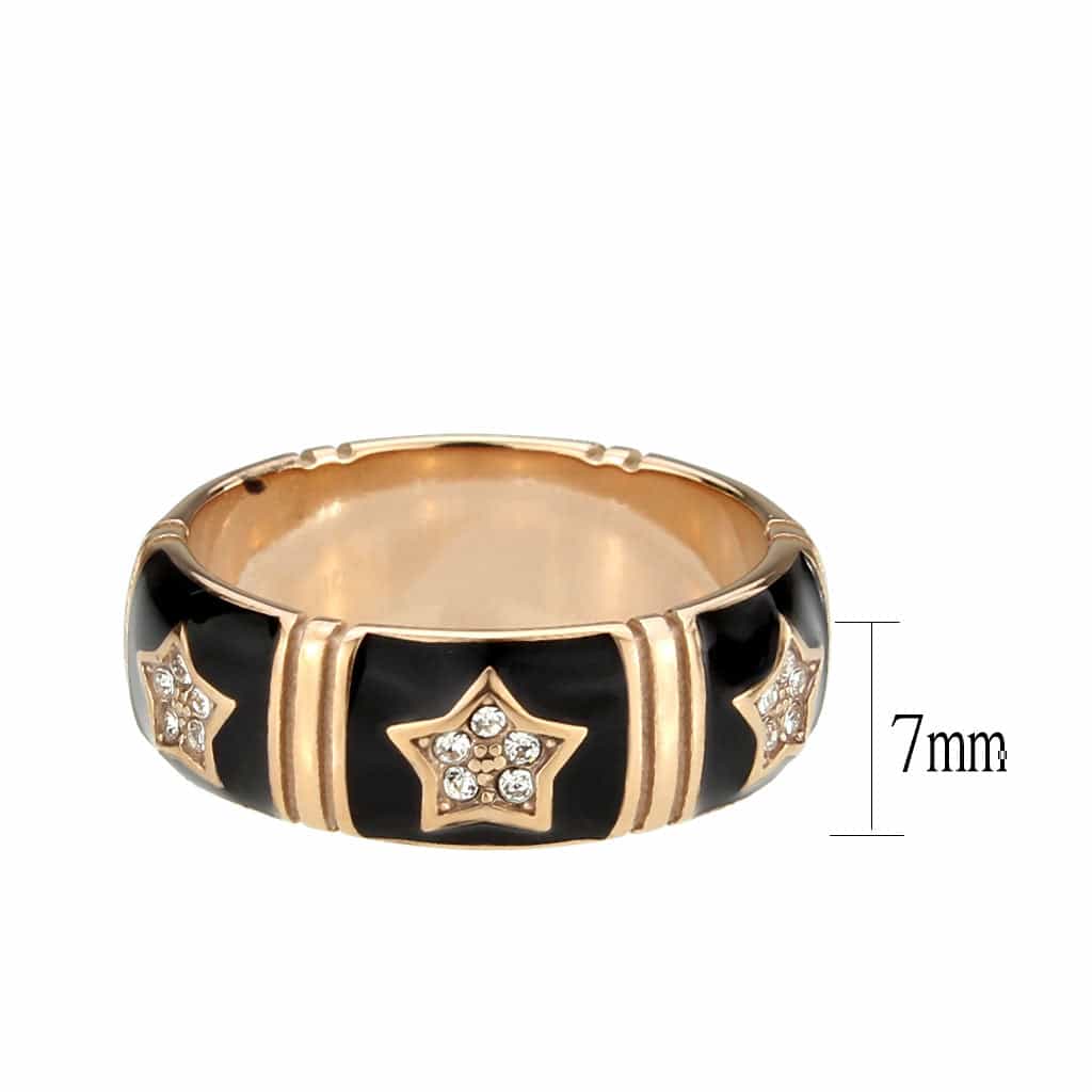 Stainless Steel Rose Gold IP Black Enamel CZ Star Motif Band Ring view 6