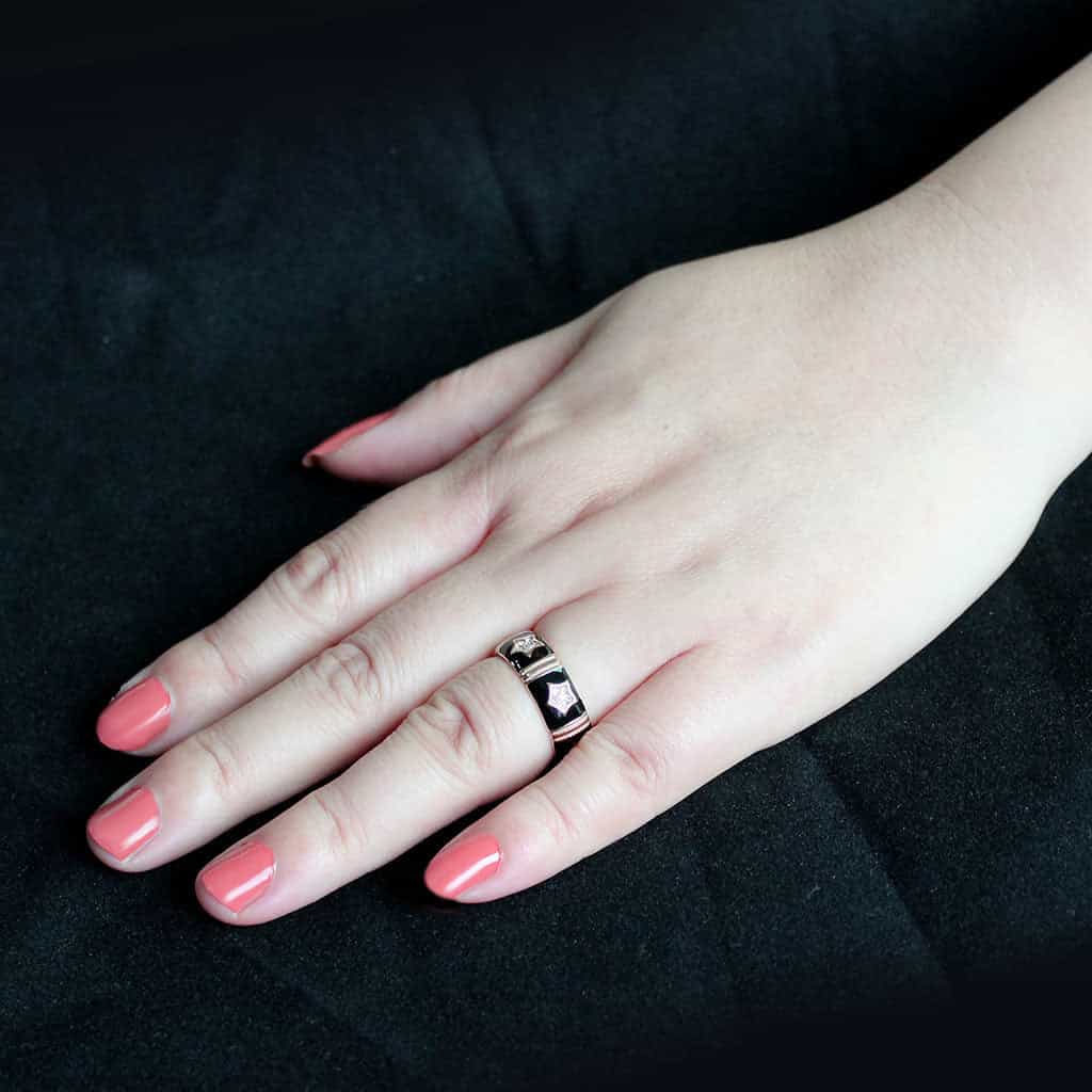 Stainless Steel Rose Gold IP Black Enamel CZ Star Motif Band Ring view 10