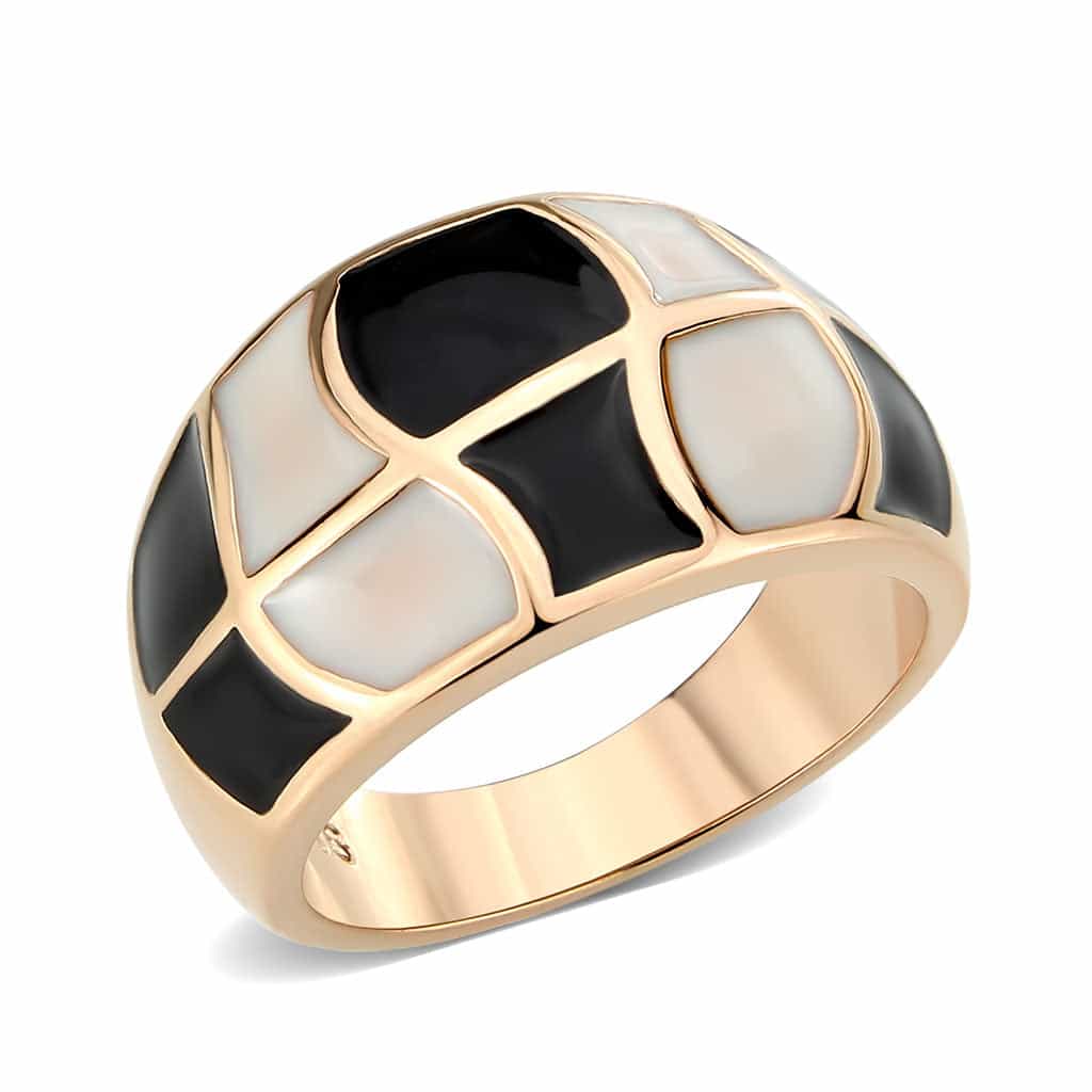 Stainless Steel Rose Gold IP Black White Enamel Geometric Ring view 2