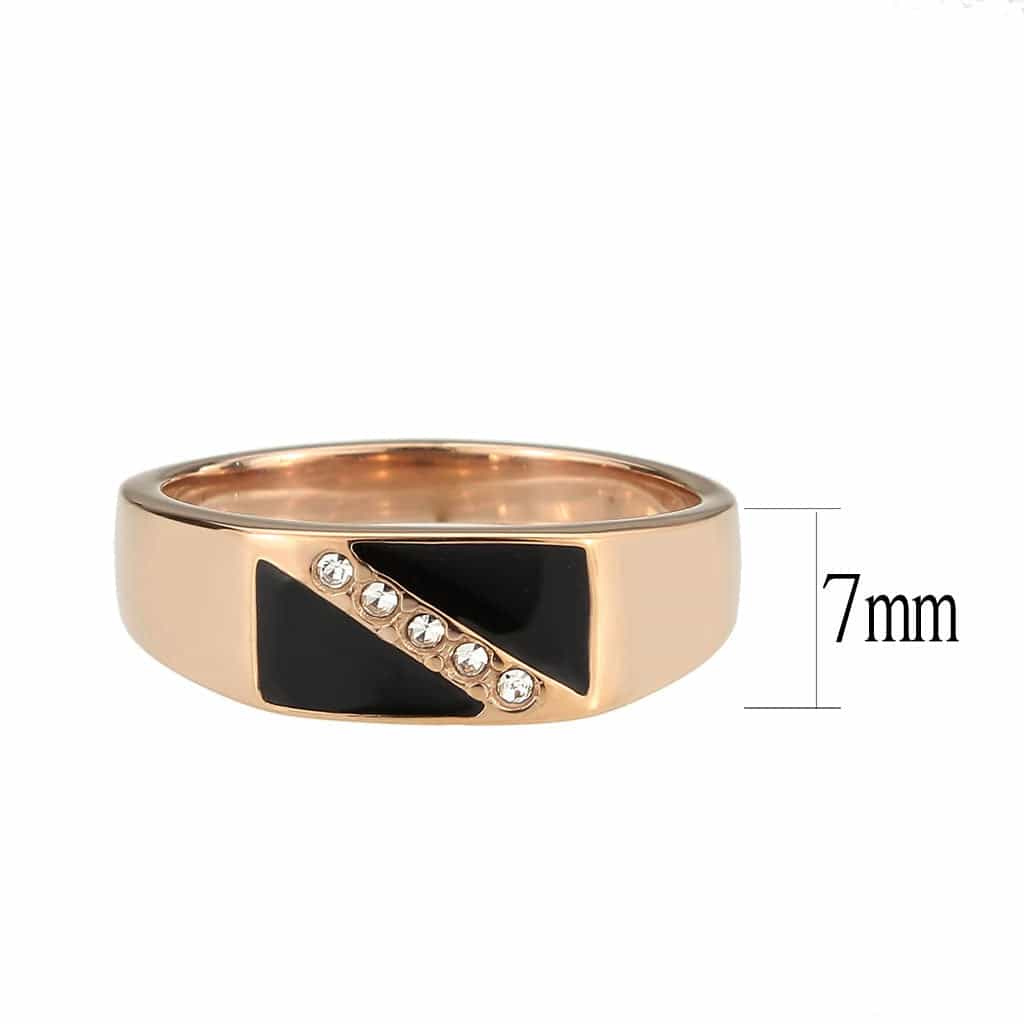 Stainless Steel Rose Gold IP Black Enamel CZ Diagonal Mens Ring view 4