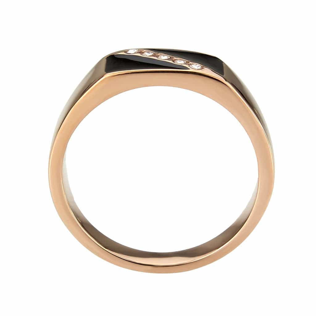 Stainless Steel Rose Gold IP Black Enamel CZ Diagonal Mens Ring view 6