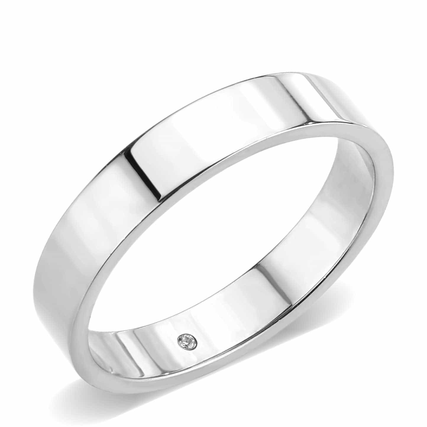 Stainless Steel Silver Polished Plain CZ Accent Flat Wedding Ring view 2