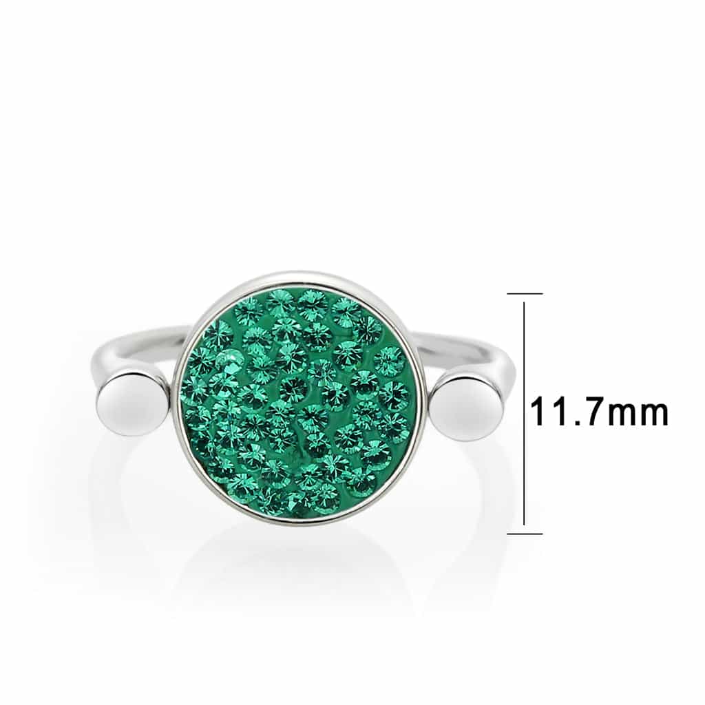 Stainless Steel Silver Emerald Green Crystal Pave Round Disc Ring view 4