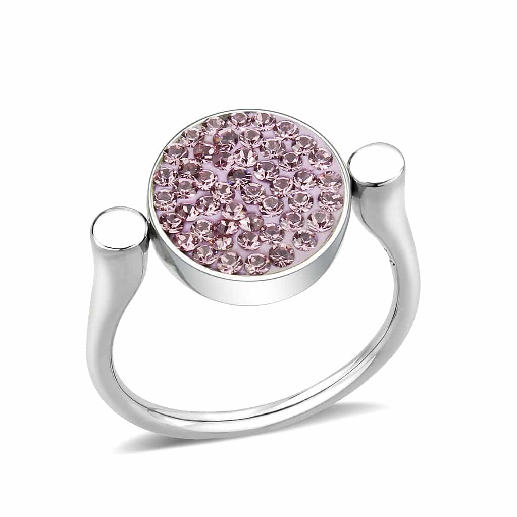 Stainless Steel Silver Pink Crystal Pave Round Disc Open Ring view 2