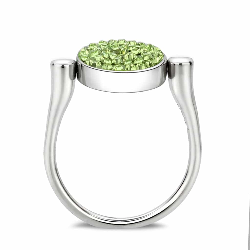 Stainless Steel Silver Peridot Green Crystal Pave Round Disc Ring view 8
