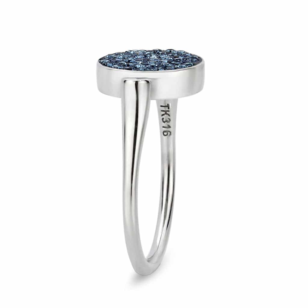Stainless Steel Silver Montana Blue Crystal Pave Round Disc Ring view 10