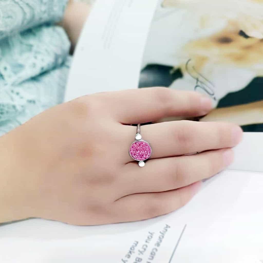 Stainless Steel Silver Rose Pink Crystal Pave Round Disc Ring view 12