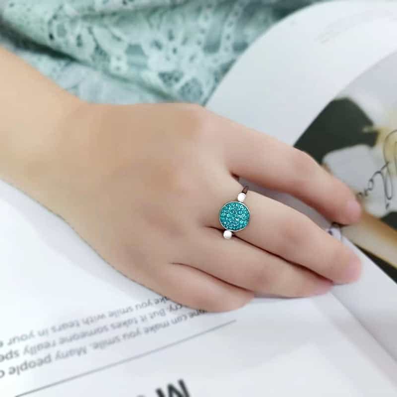 Stainless Steel Silver Turquoise Crystal Pave Round Disc Ring view 12