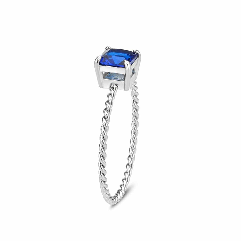 Stainless Steel Silver Blue Sapphire CZ Princess Rope Twist Ring view 4