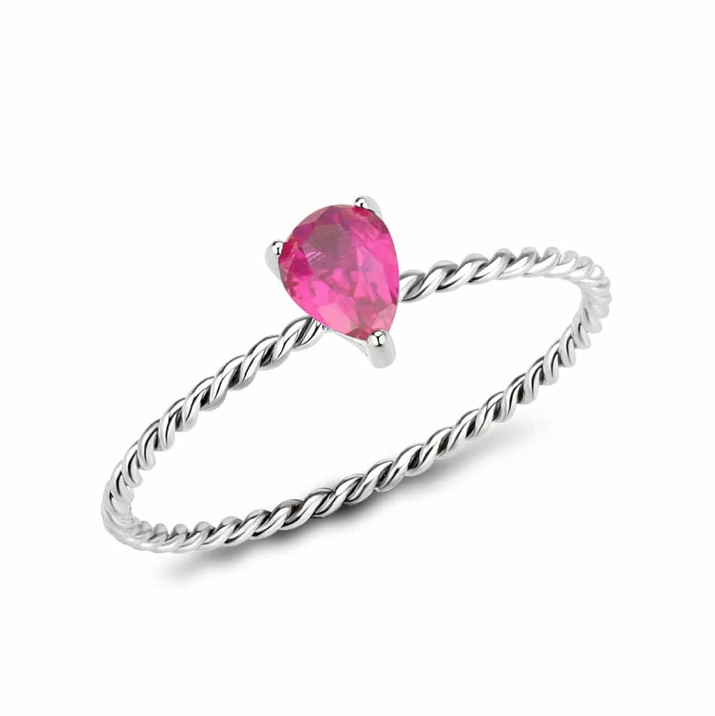 Stainless Steel Silver Pink Tourmaline CZ Pear Rope Twist Ring view 2