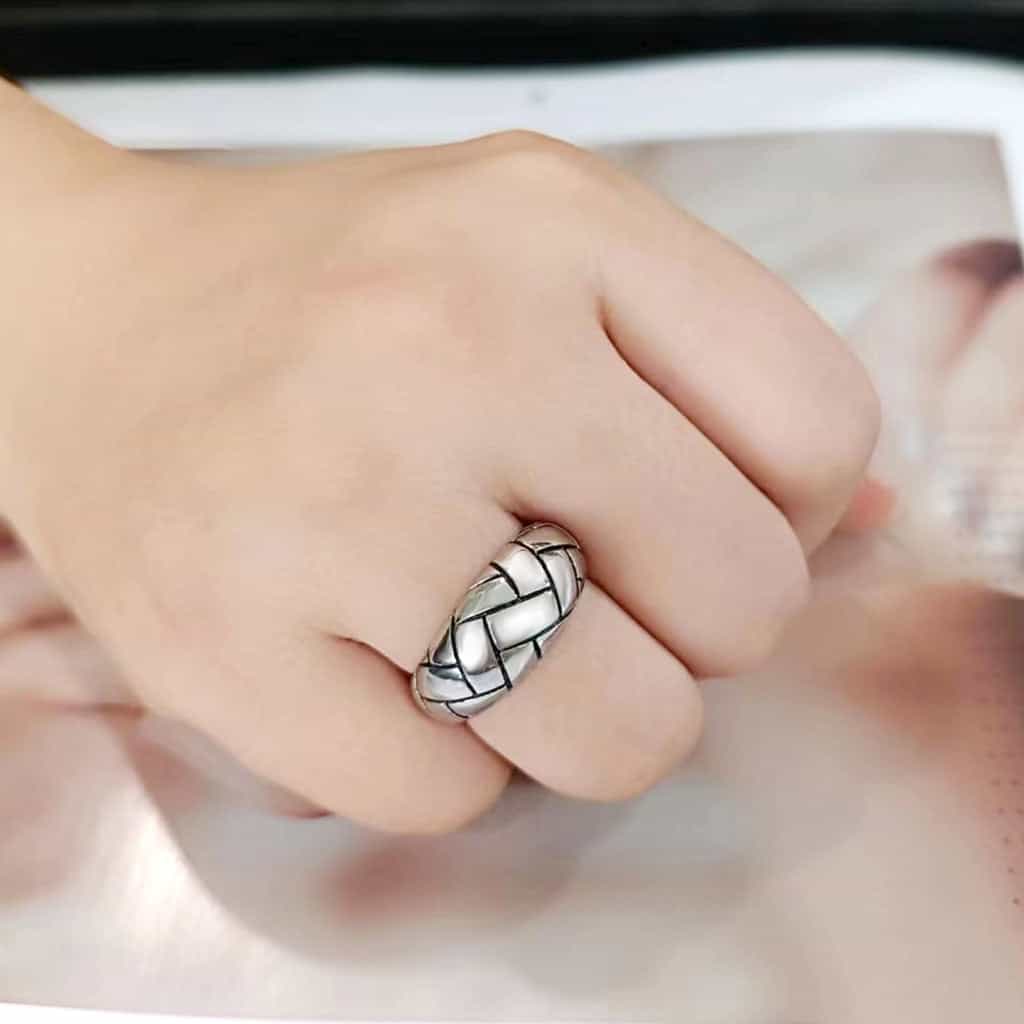 Stainless Steel Polished Woven Basket Dome Wide Band Ring view 10
