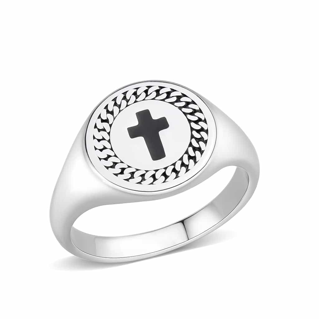 Stainless Steel Cross Enamel Chain Border Mens Signet Ring view 2