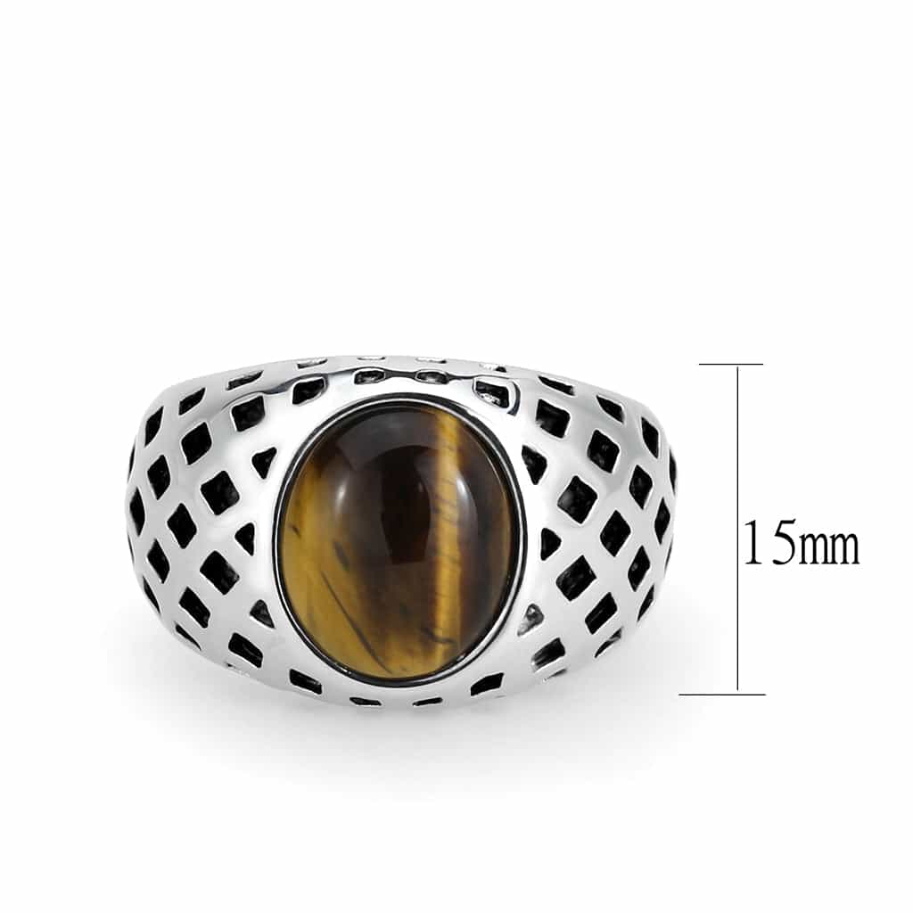 Stainless Steel Silver Tiger Eye Oval Grid Cutout Mens Ring view 4