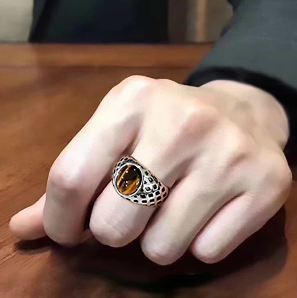 Stainless Steel Silver Tiger Eye Oval Grid Cutout Mens Ring view 10