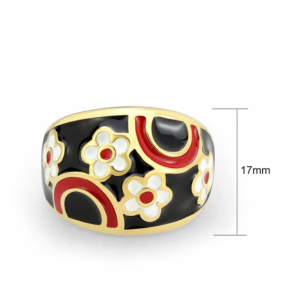 Stainless Steel Gold IP Red Black Enamel Floral Dome Ring view 4