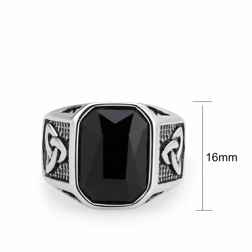 Stainless Steel Silver Black Onyx Emerald Cut Celtic Carved Ring view 4
