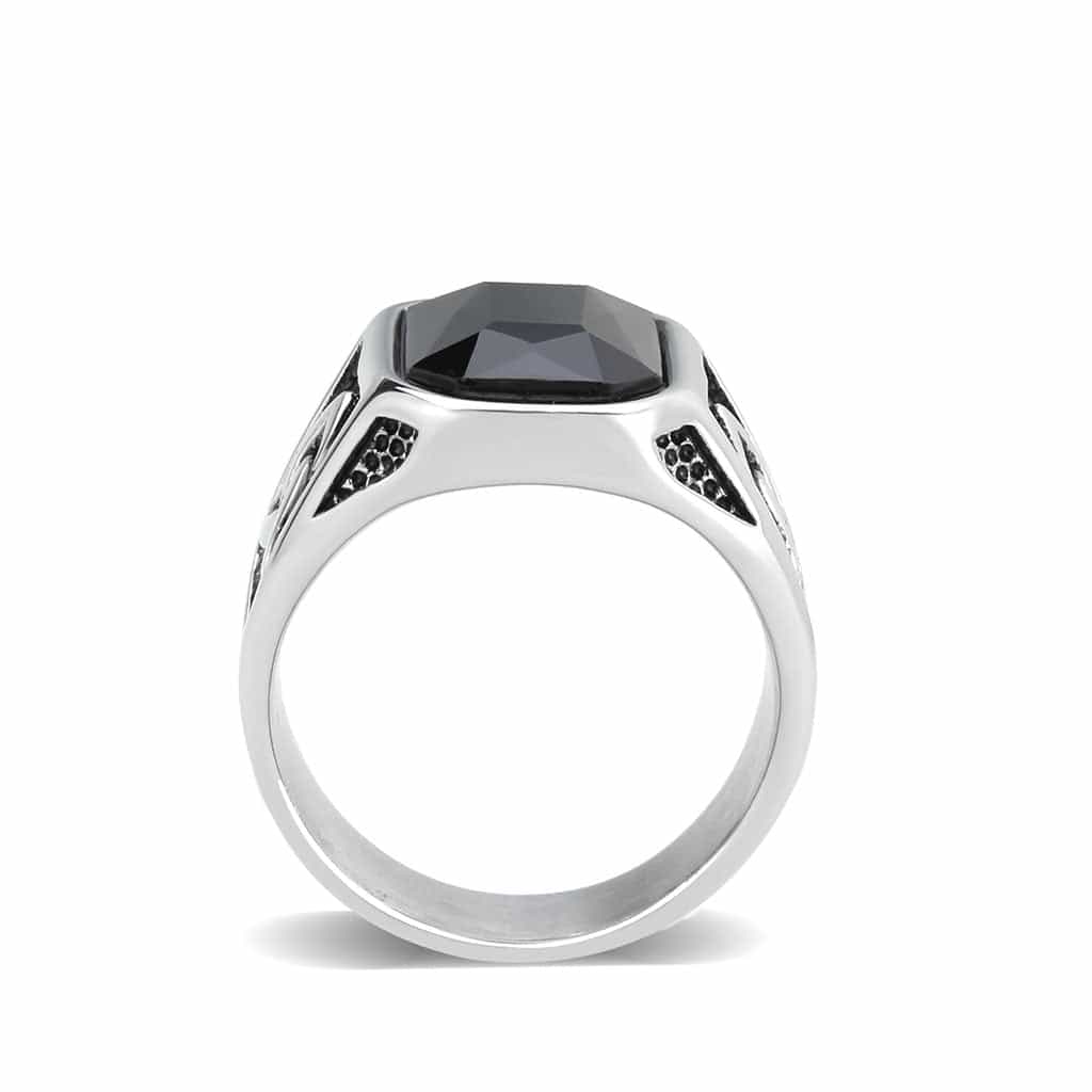 Stainless Steel Silver Black Onyx Emerald Cut Celtic Carved Ring view 6