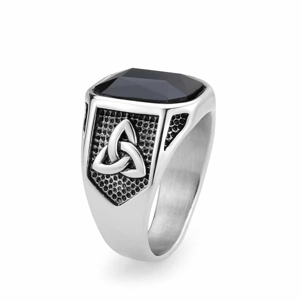 Stainless Steel Silver Black Onyx Emerald Cut Celtic Carved Ring view 8