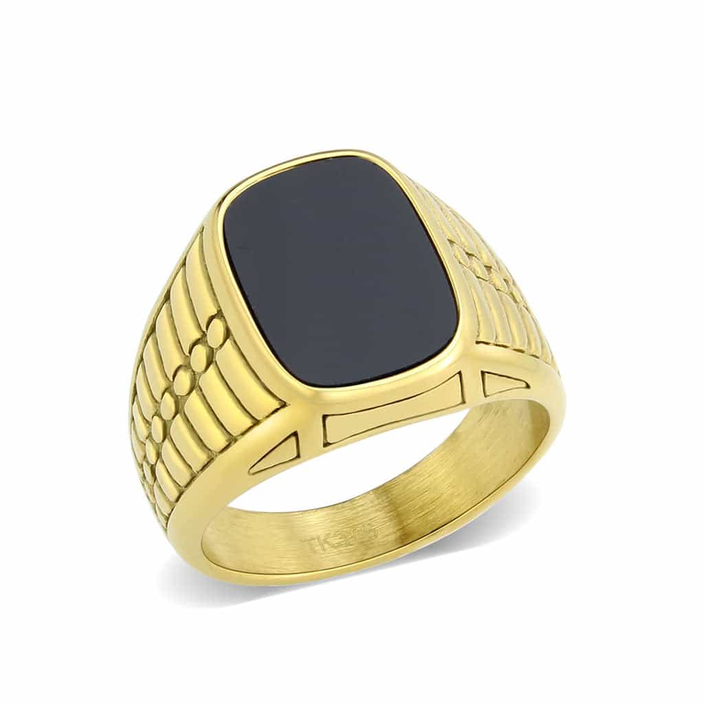 Stainless Steel Gold IP Black Onyx Cushion Ribbed Mens Ring view 2