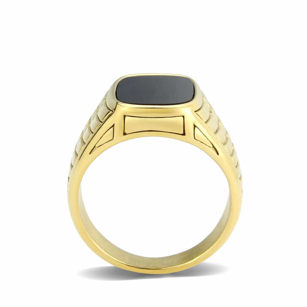 Stainless Steel Gold IP Black Onyx Cushion Ribbed Mens Ring view 6