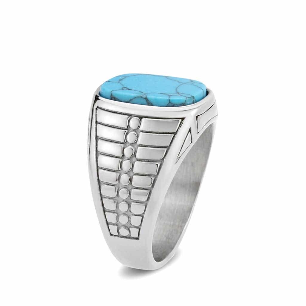 Stainless Steel Silver Turquoise Rectangle Ribbed Mens Ring view 8
