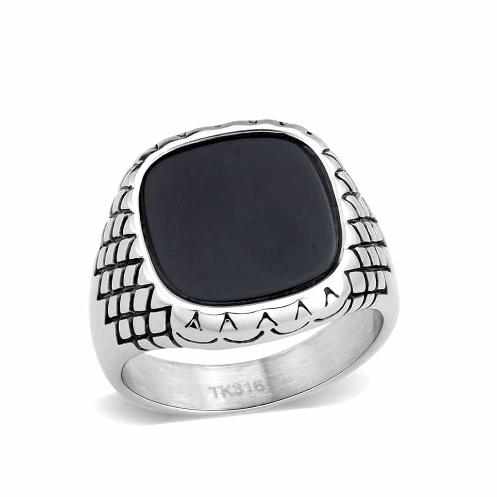 Stainless Steel Silver Black Onyx Square Grid Carved Mens Ring view 2
